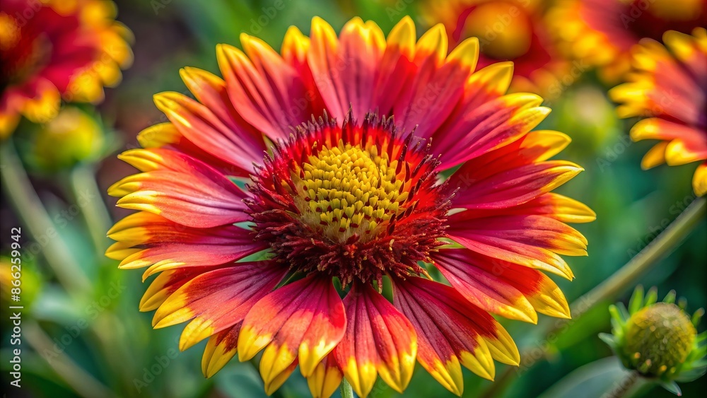 Vibrant yellow and red petals unfurl from a central disk, revealing delicate textures and intricate details of a Gaillardia flower's daisy-like bloom in macro. Vibrant yellow and red petals unfurl from a central disk, revealing delicate textures and intricate details of a Gaillardia flower's daisy-like bloom in macro.