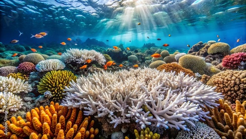 Vibrant coral reef scene contrasting healthy thriving section with bleached damaged area, highlighting ocean pollution and climate change devastating impact on marine ecosystems. photo