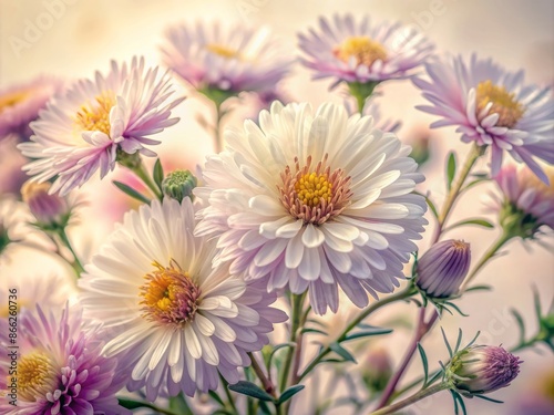 Delicate asteroid-shaped blooms of aster flower in soft pastel hues against a creamy white background, showcasing intricate details and textures in a beautiful macro shot.