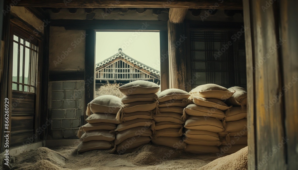AI generator image of rice in sacks stored in large quantities to cook or sell in times of food shortage,Brown sacks on wooden pallet store in industrial warehouse AI generator image of rice in sacks stored in large quantities to cook or sell in times of food shortage,Brown sacks on wooden pallet store in industrial warehouse