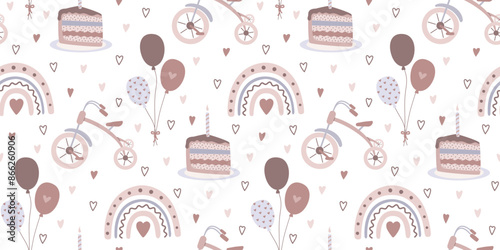 Children's seamless pattern for birthday, wallpaper, fabric, bed linen design. Cute illustration of balloons, tricycle, rainbow, cake in cartoon design. Vector illustration.

