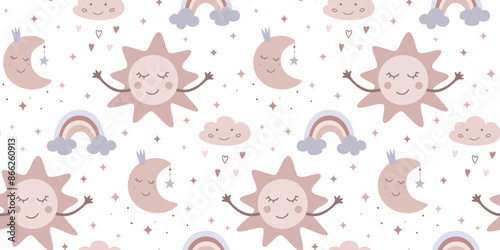 Children's seamless pattern for birthday, wallpaper, fabric, bed linen design. Cute illustration of sun, moon, cloud, rainbow in cartoon design. Vector illustration.
