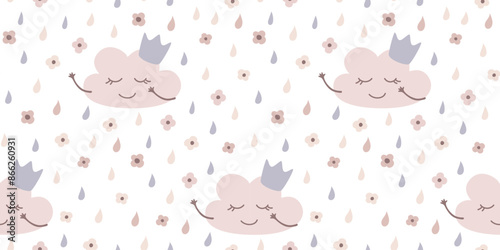 Childrens seamless pattern for birthday, wallpaper, fabric, bed linen design. Cute illustration of cloud with crown in cartoon design. Vector illustration.
