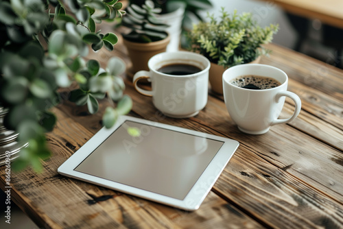 A Tablet, Two Cups of Coffee, and Greenery on a Wooden Table