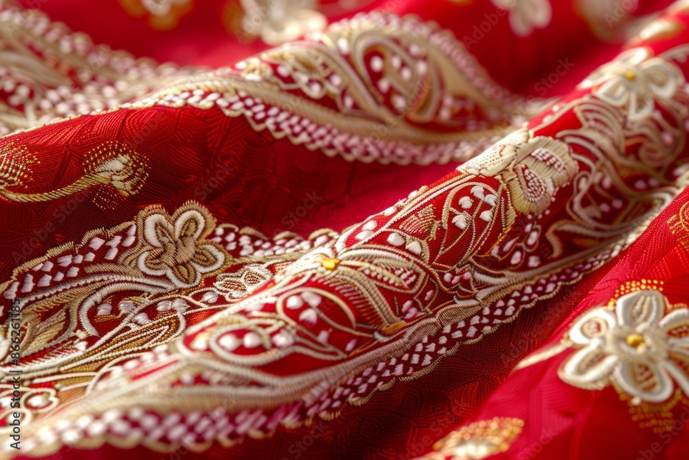Detailed photograph of traditional chunri fabric with a deep red base, featuring white and gold floral patterns Detailed photograph of traditional chunri fabric with a deep red base, featuring white and gold floral patterns