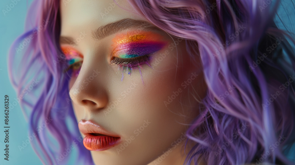 Close-up of a beautiful woman with bright makeup and purple hair. A stylish fashion model with a bright appearance poses indoors. Fashion and beauty concept. Close-up of a beautiful woman with bright makeup and purple hair. A stylish fashion model with a bright appearance poses indoors. Fashion and beauty concept.