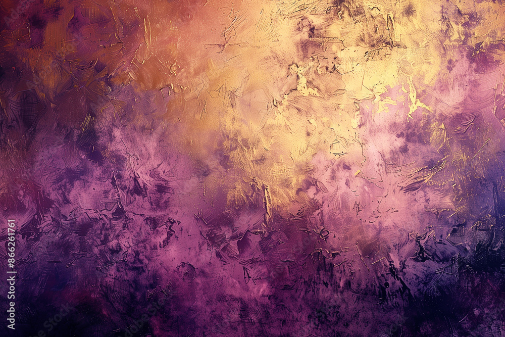 Abstract background: painting on canvas with dense strokes of gold and purple Abstract background: painting on canvas with dense strokes of gold and purple