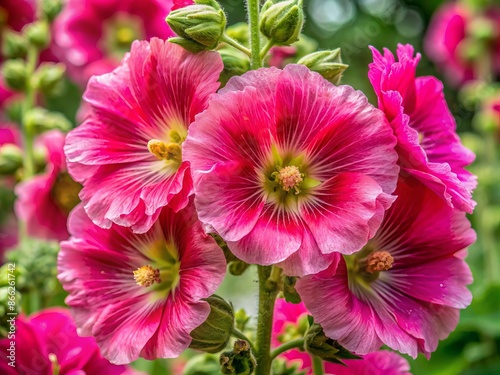 Vibrant pink hollyhock blooms tower above, showcasing delicate, ruffled petals and prominent yellow centers in a stunning, sharp, and intimate macro close-up encounter. © Adisorn