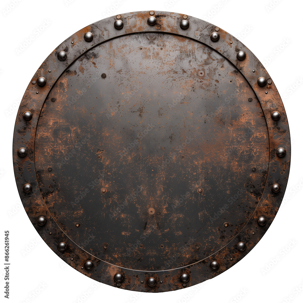 Fototapeta premium isolated old round rusty metal shield - metal banner, design element