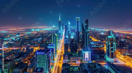 Wallpaper Mural  Night view of the city with illuminated skyscraper. Aerial view, video footage. Torontodigital.ca