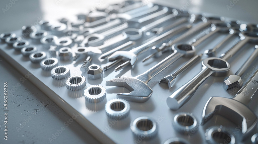 A perfect square of bright engineering tools on a white surface. A perfect square of bright engineering tools on a white surface.