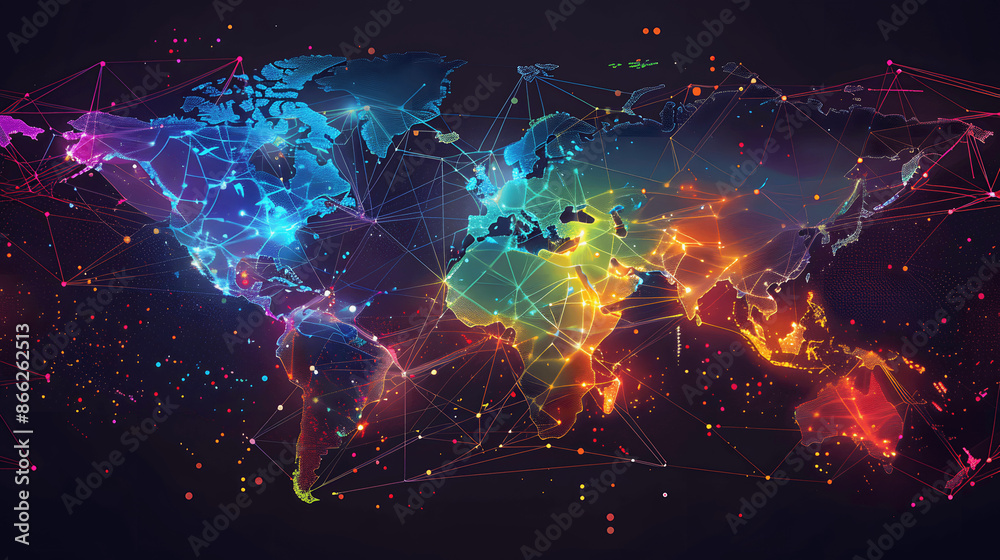 Innovative digital map with neon colors and global connectivity Innovative digital map with neon colors and global connectivity