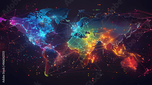 Innovative digital map with neon colors and global connectivity