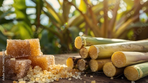 Brown sugar with fresh sugar cane on wooden table with sugar cane plantation farming background