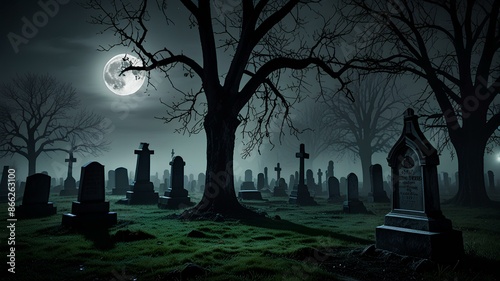 Spooky cemetery landscape with old tombstones and fog. Full moon spooky horror landscape.