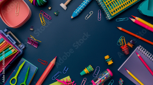 A perfect square of colorful school supplies on a dark blue background.
