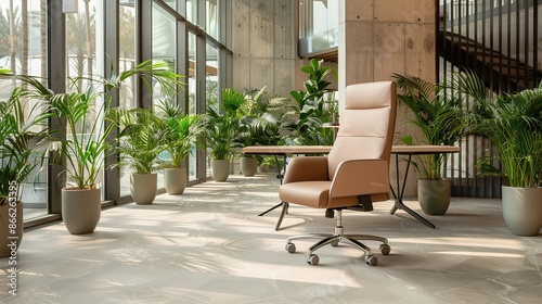 Modern Office Interior with Beige Leather Chair and Green Plants © Kharismafajar
