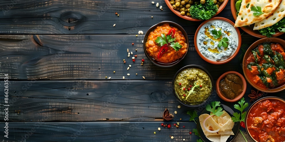 Exploring a Variety of Flavors Assorted Indian Dishes on Dark Wooden Background. Concept Indian Cuisine, Food Photography, Dark Wooden Background, Flavorful Dishes, Culinary Exploration Exploring a Variety of Flavors Assorted Indian Dishes on Dark Wooden Background. Concept Indian Cuisine, Food Photography, Dark Wooden Background, Flavorful Dishes, Culinary Exploration
