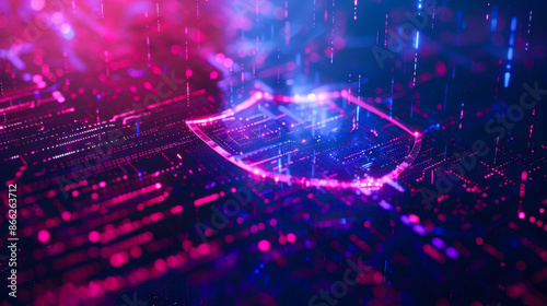 Cyber insurance concept. A visual representation of cyber insurance, showing a shield icon protecting digital data against cyber threats and attacks. Emphasizes security and protection in cyber world.