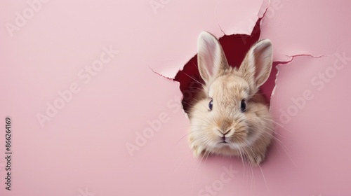 Bunny peeking out of a hole in pink wall background, fluffy cute eared bunny easter bunny banner, rabbit jump out torn hole photo