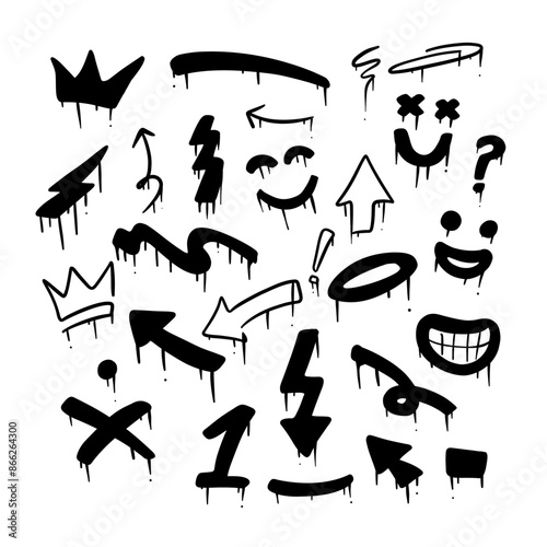 set of random graffiti spray paint drawing doodle hand drawn with melting paint vector design element