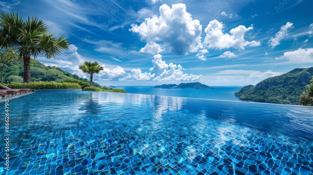 Fototapeta premium Infinity pool overlooking the ocean with a blue sky and white clouds. Tropical vacation destination. Luxury resort and travel photography.