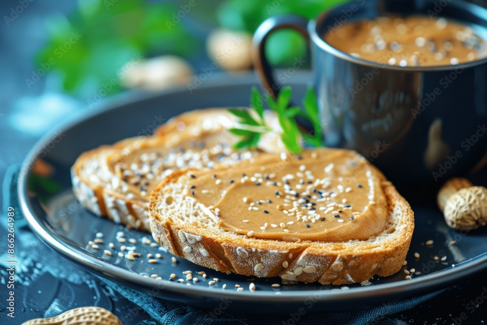 Breakfast peanut butter toast with coffee on dark background Breakfast peanut butter toast with coffee on dark background
