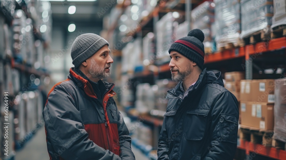 Truck driver talking with warehouse worker, industrial trucking industry Truck driver talking with warehouse worker, industrial trucking industry