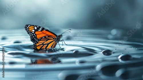 Butterfly on the water. Water drops and butterfly. Ecological clean water concept. Close up.