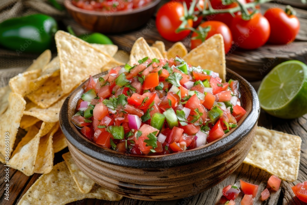 Fresh homemade pico de gallo salsa with crispy tortilla chips Fresh homemade pico de gallo salsa with crispy tortilla chips