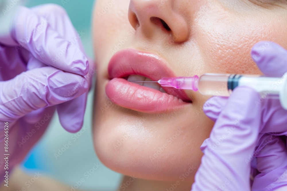 Close-up of cosmetic lip injection procedure at clinic