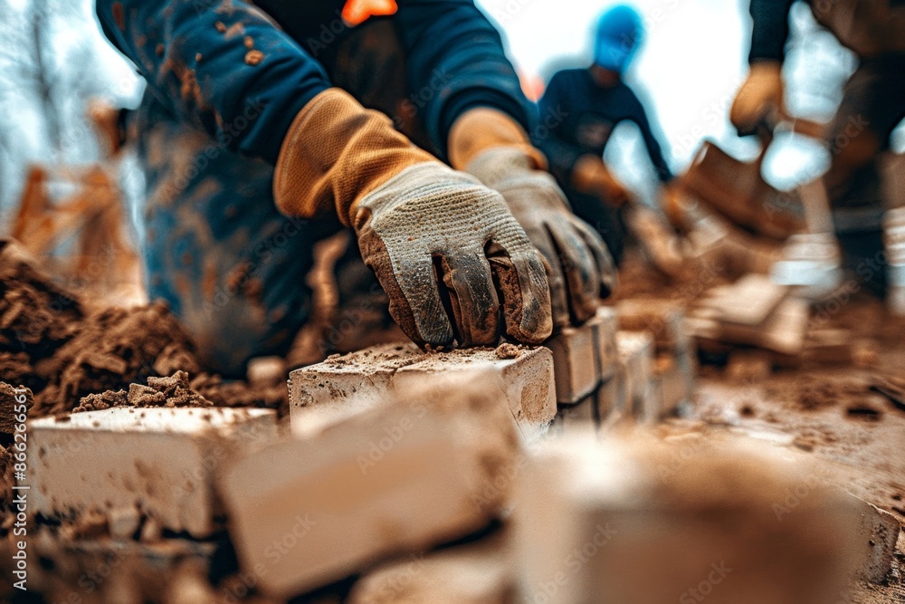 Construction workers laying bricks at a building site