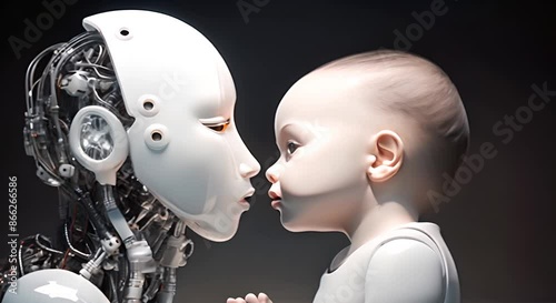 The cyborg mother has a real baby in her arms. Science and technology of the future