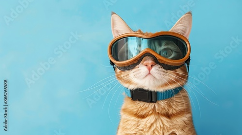 A ginger cat wearing ski goggles looks confidently at the camera. © Factory