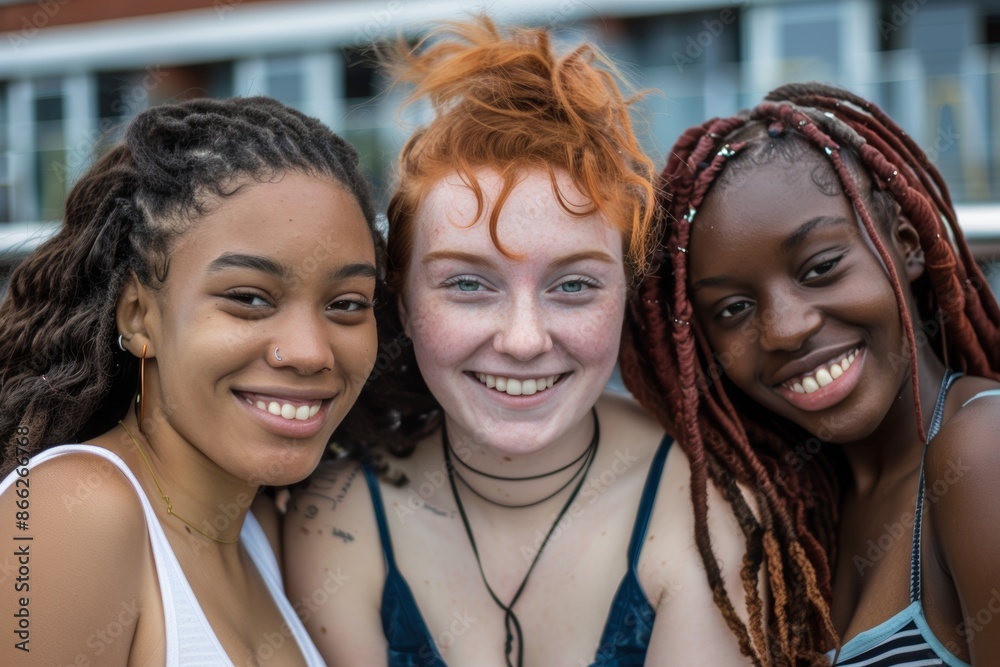 Joyful diverse friends smiling outdoors Joyful diverse friends smiling outdoors