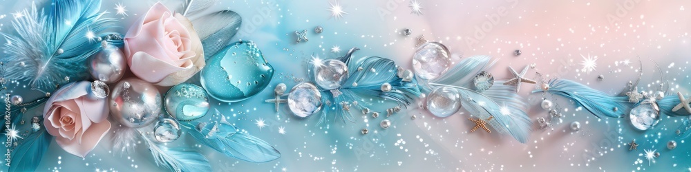 Streams of pastel blue and pale rose intertwine around clusters of polished sea glass and shiny feathers, accented by a scattering of silver stars, set Streams of pastel blue and pale rose intertwine around clusters of polished sea glass and shiny feathers, accented by a scattering of silver stars, set
