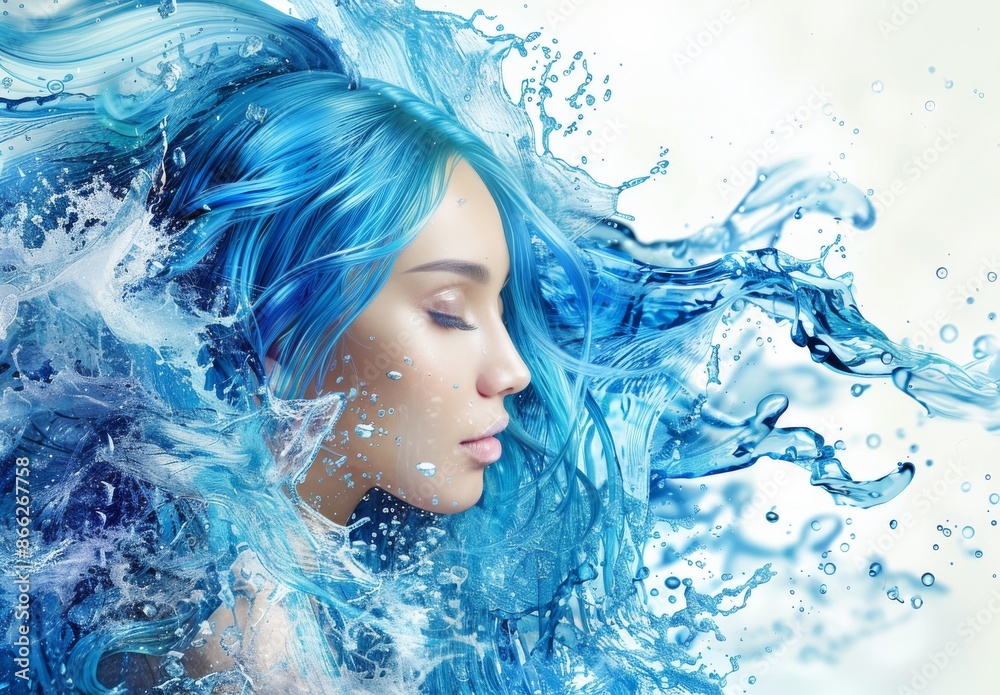 Beautiful woman with blue hair blending into flowing water creating a serene and artistic scene Beautiful woman with blue hair blending into flowing water creating a serene and artistic scene