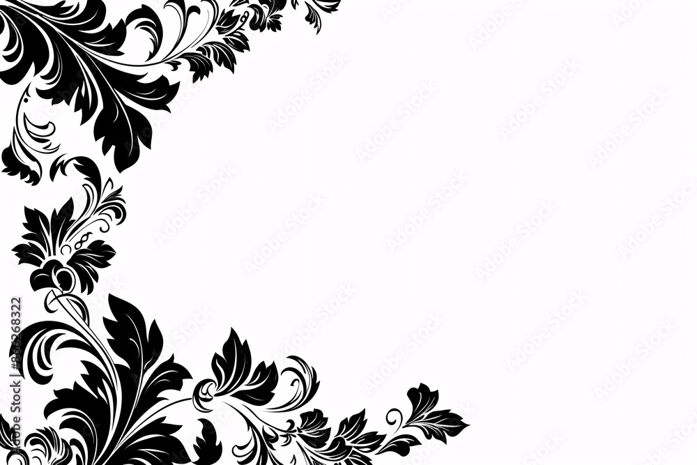 Black floral patterns decorate the corners of a white background creating an elegant border design Black floral patterns decorate the corners of a white background creating an elegant border design