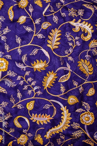 A detailed photograph of traditional chunri fabric with a deep purple base, adorned with intricate gold and white floral photo