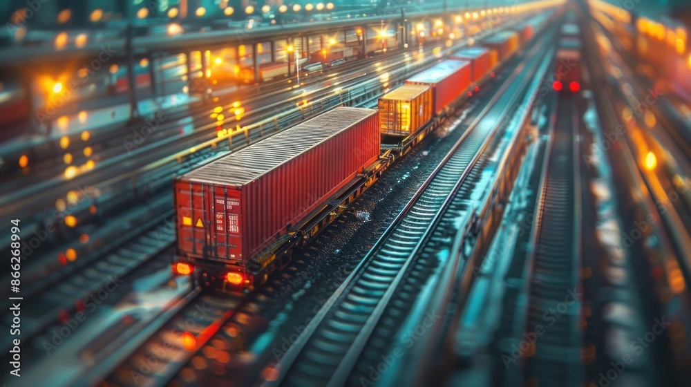 Fototapeta premium A cargo train with container cars travels through a futuristic digital landscape. Concept for supply chain management and logistics in international trade and transportation.
