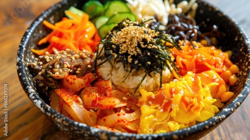 Korean dish of mixed rice and pickled vegetables photo