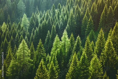 Sunlight filtering through a dense green pine forest