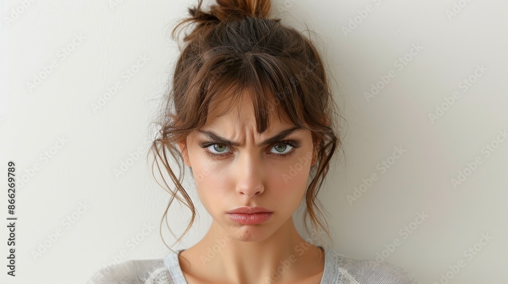 Angry woman with furrowed brows and stern expression, portrait of annoyed, upset, frustrated female. Concept of emotion, anger, disappointment, frustration Angry woman with furrowed brows and stern expression, portrait of annoyed, upset, frustrated female. Concept of emotion, anger, disappointment, frustration