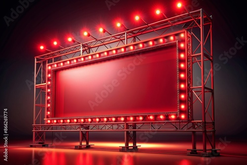 Vibrant red light illuminates a giant billboard frame template against a dark background, perfect for advertising and promotional content placement. photo