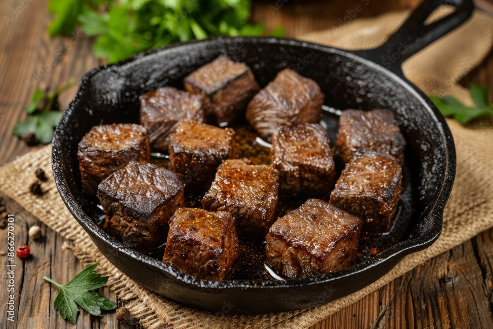 Succulent grilled beef cubes in cast iron skillet Succulent grilled beef cubes in cast iron skillet