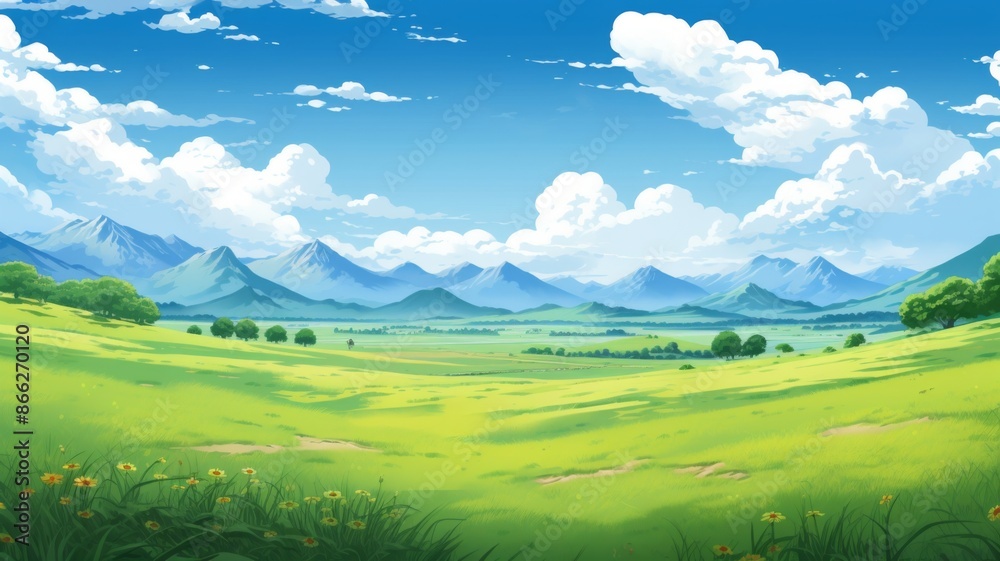 Scenic landscape of a vast green field, lush meadows, and majestic mountains under a blue sky with fluffy clouds. Concept of nature, serenity, peace, and tranquility. Scenic landscape of a vast green field, lush meadows, and majestic mountains under a blue sky with fluffy clouds. Concept of nature, serenity, peace, and tranquility.