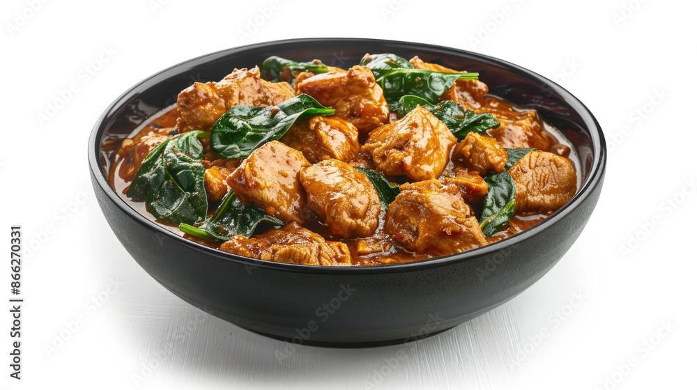 Chicken Vindaloo with spinach in black bowl isolated on white background Chicken Vindaloo with spinach in black bowl isolated on white background
