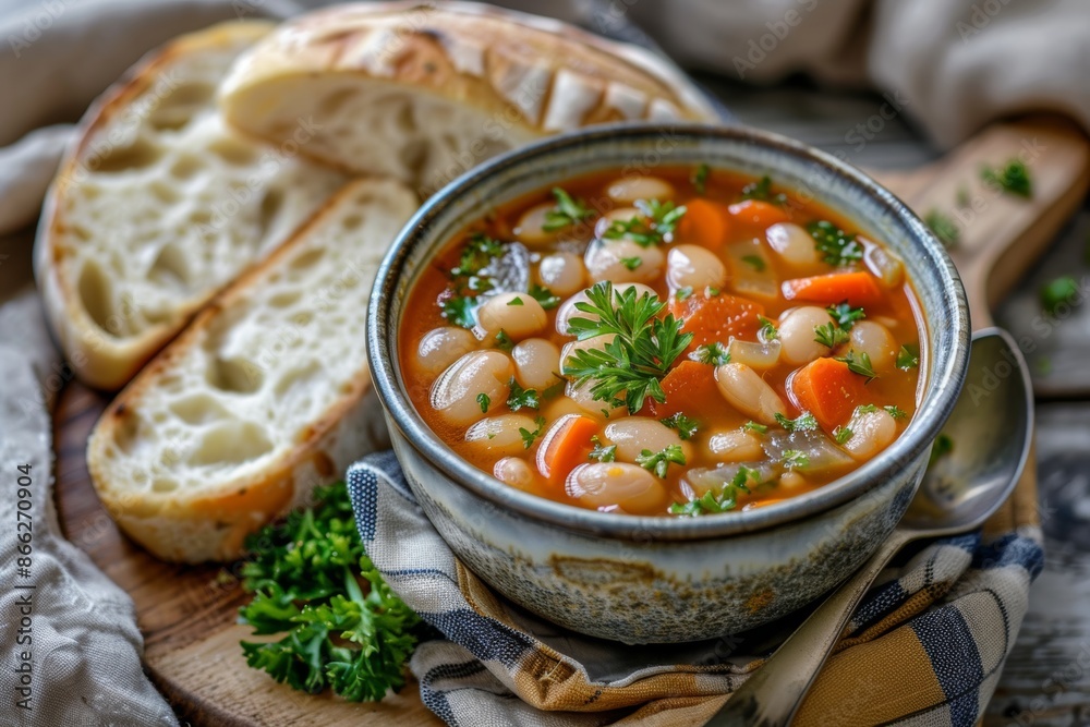 Rustic bean soup with carrots and fresh parsley in a ceramic bowl Rustic bean soup with carrots and fresh parsley in a ceramic bowl