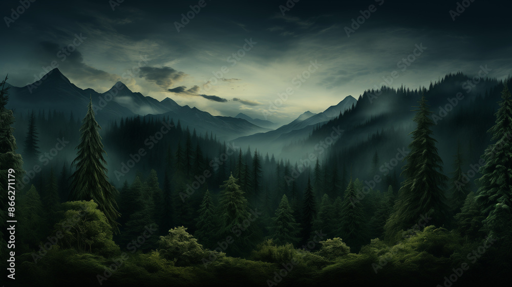 a painting of a forest with mountains in the background at night time with a full moon in the sky, a matte painting, gothic art, matte painting, Derold Page