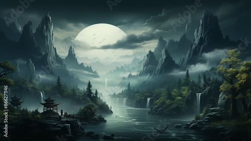 a painting of a forest with mountains in the background at night time with a full moon in the sky, a matte painting, gothic art, matte painting, Derold Page